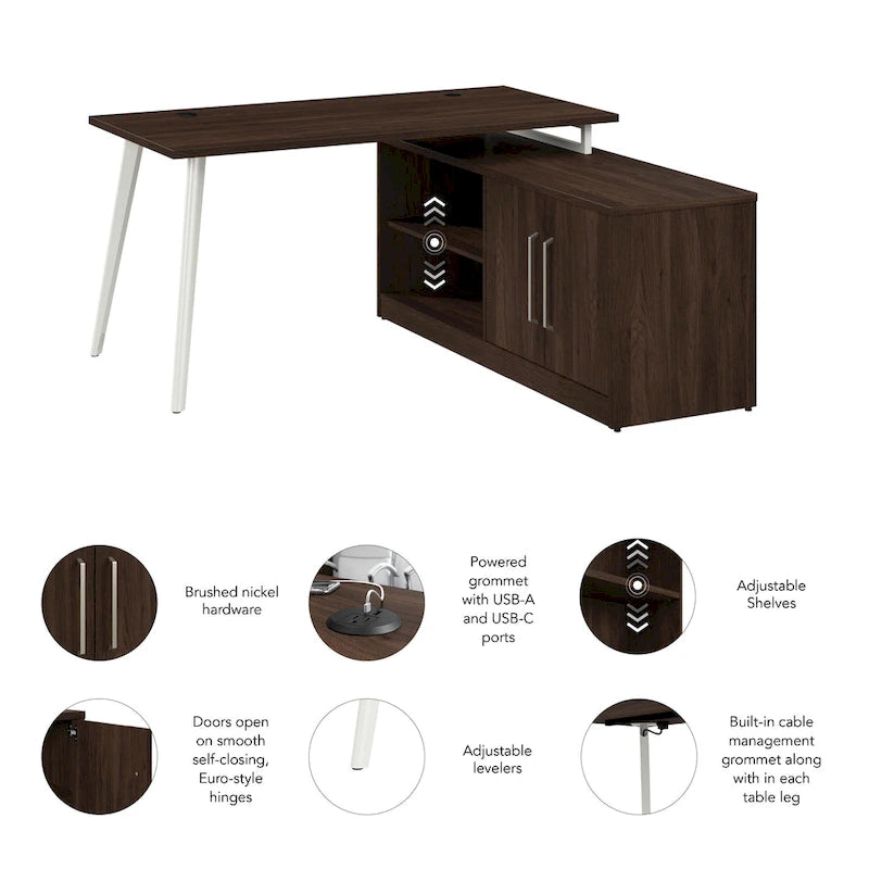 60W Eckschreibtisch mit Stauraumschrank und ausgestellten Metallbeinen