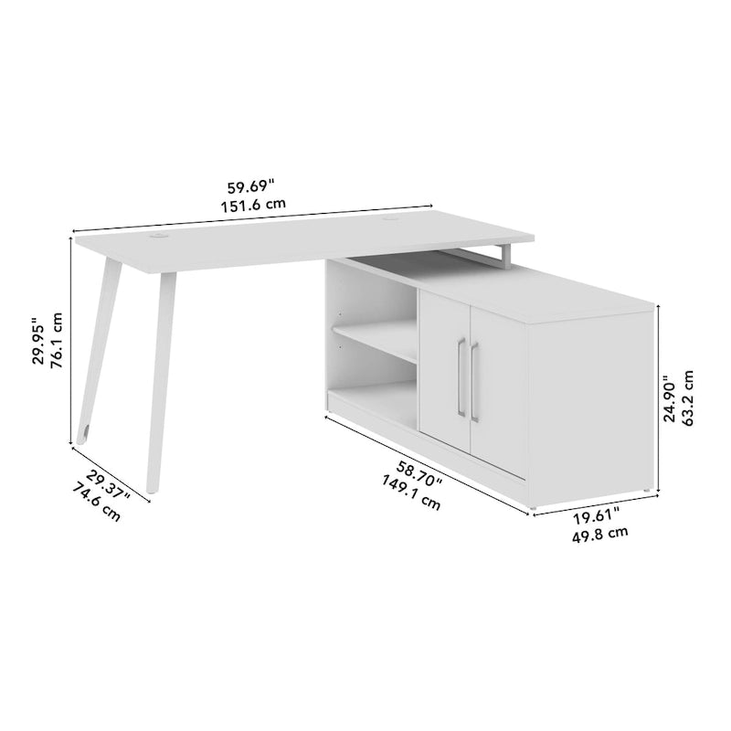 60W Eckschreibtisch mit Stauraumschrank und ausgestellten Metallbeinen
