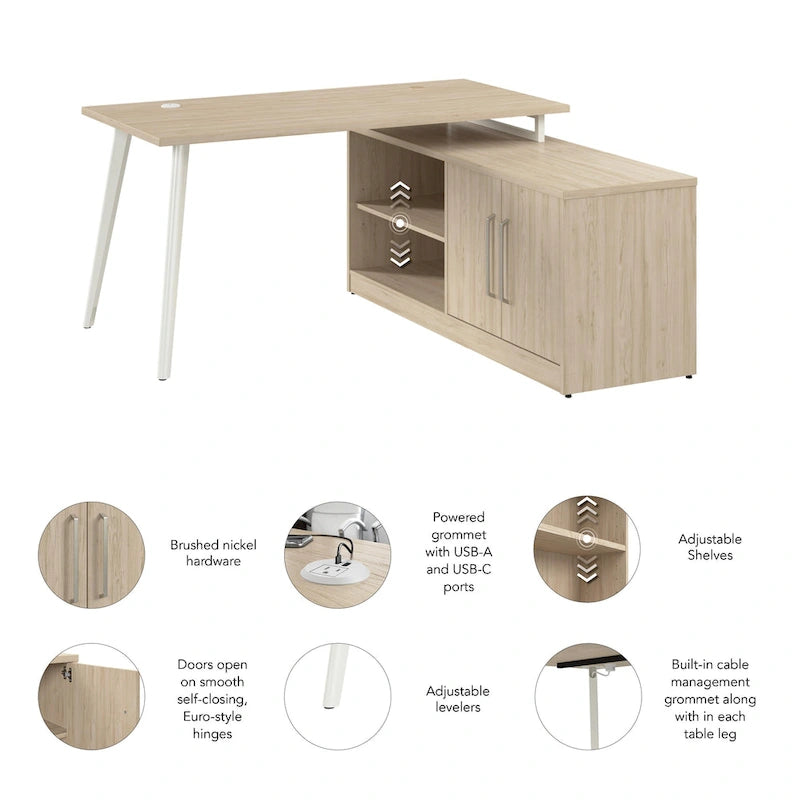 60W Eckschreibtisch mit Stauraumschrank und ausgestellten Metallbeinen