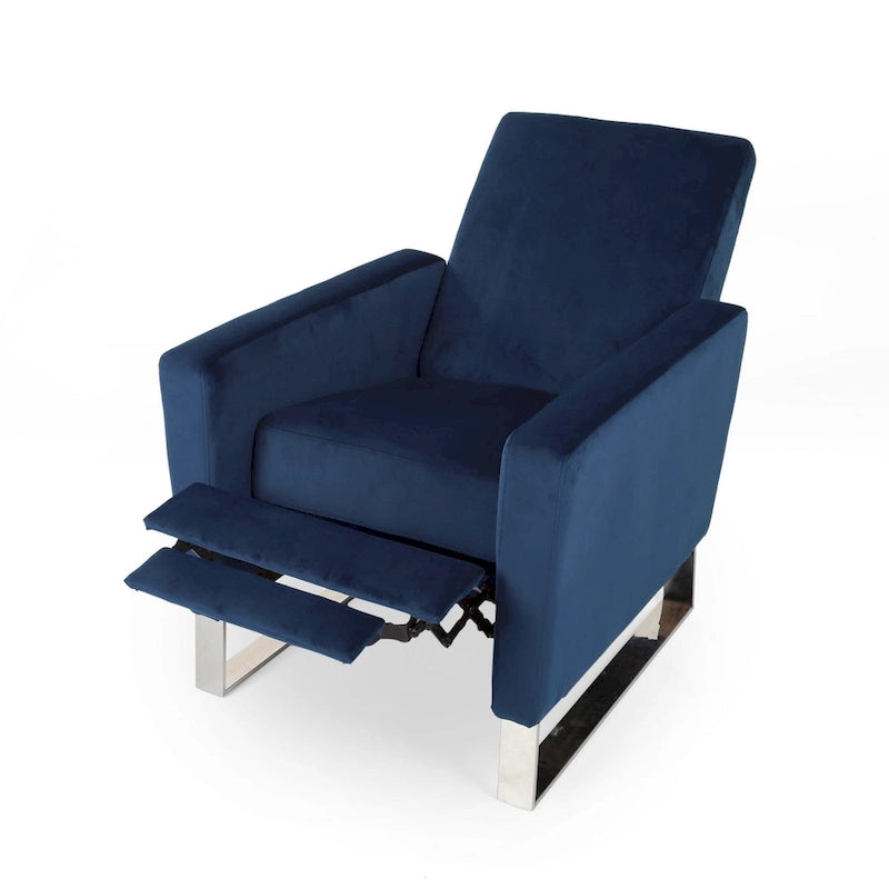 Manueller Push-Back-Liegesessel aus blauem Samt mit Beinen aus Edelstahl
