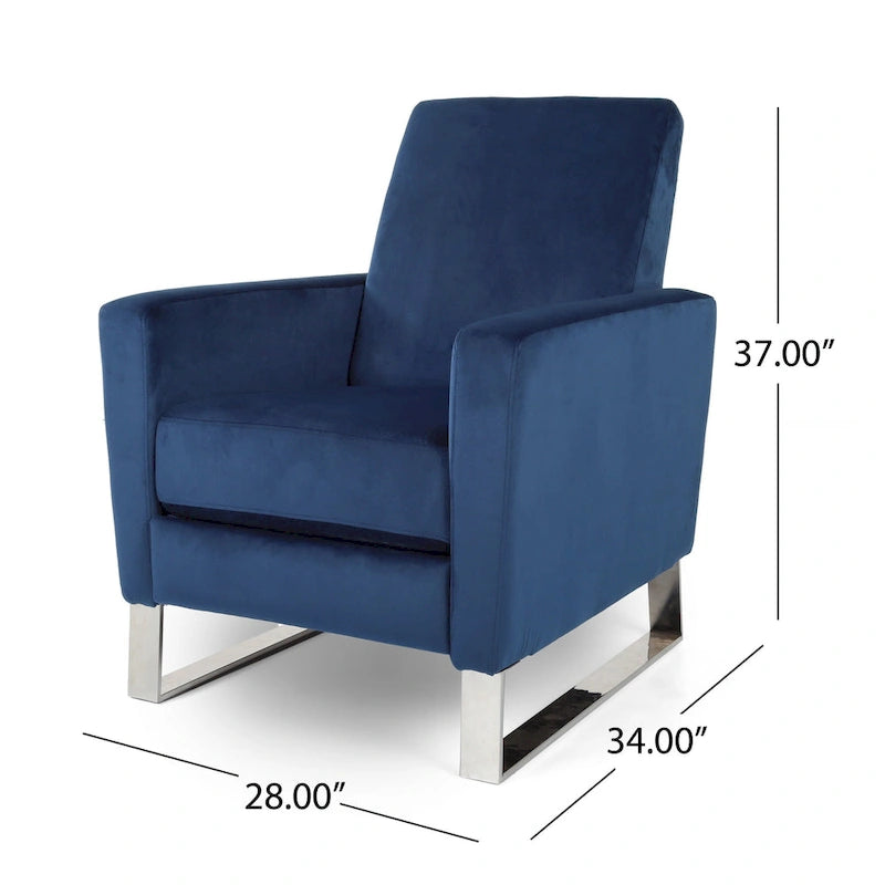 Manueller Push-Back-Liegesessel aus blauem Samt mit Beinen aus Edelstahl