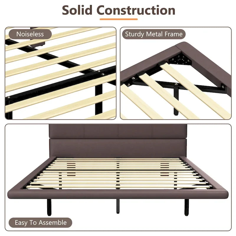 Modernes gepolstertes schwebendes Bettgestell aus Kunstleder & Kopfteil mit LED-Beleuchtung