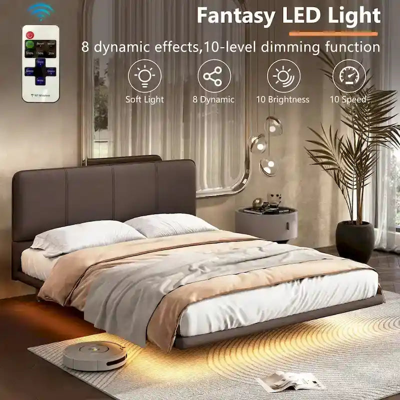 Modernes gepolstertes schwebendes Bettgestell aus Kunstleder & Kopfteil mit LED-Beleuchtung
