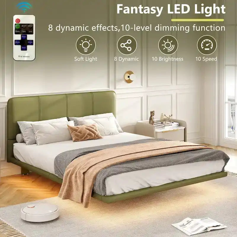 Modernes gepolstertes schwebendes Bettgestell aus Kunstleder & Kopfteil mit LED-Beleuchtung