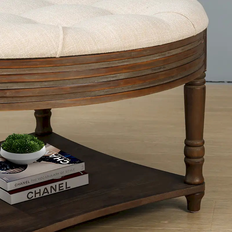 Großer runder wasserdichter Ottoman Couchtisch 2-stöckiger überdimensionierter, geknöpfter Ottoman mit Holzpolsterung Couchtisch