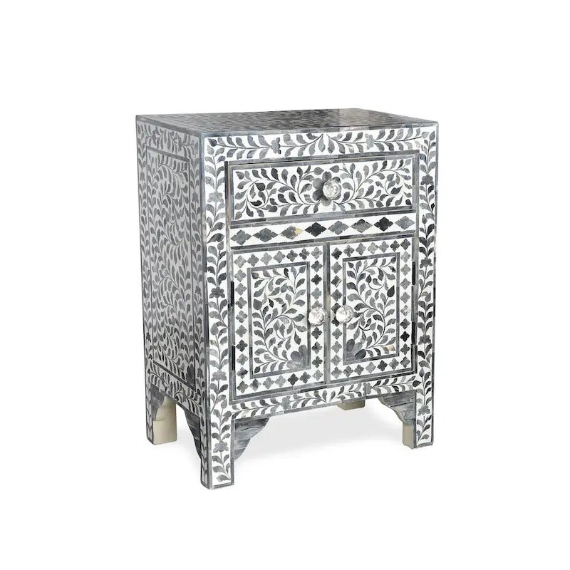 Akzentschrank mit Knochenintarsien – Lila-graues marokkanisches Blumendesign