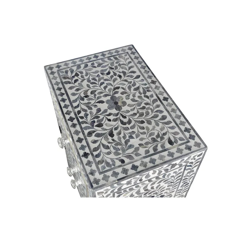 Akzentschrank mit Knochenintarsien – Lila-graues marokkanisches Blumendesign