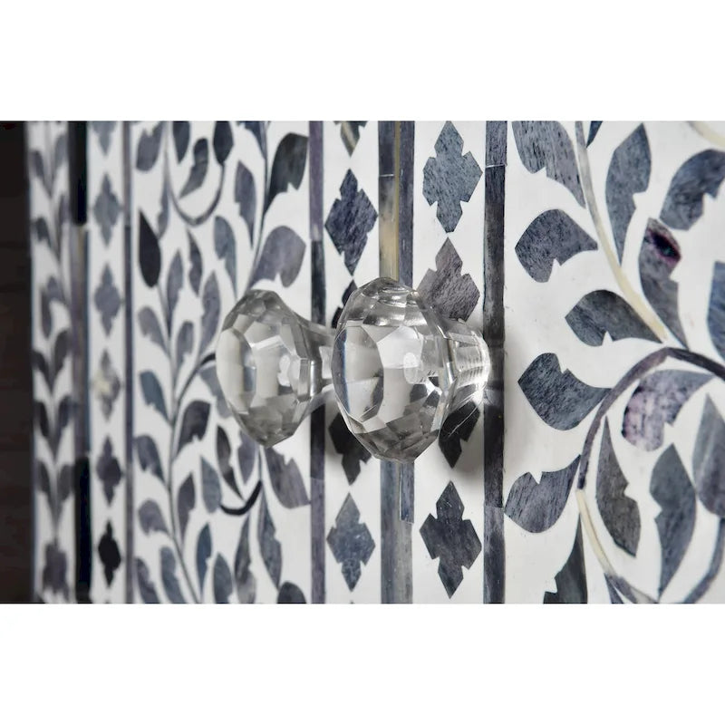 Akzentschrank mit Knochenintarsien – Lila-graues marokkanisches Blumendesign