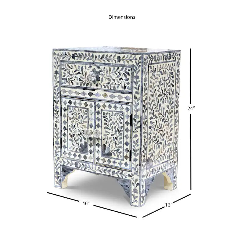 Akzentschrank mit Knochenintarsien – Lila-graues marokkanisches Blumendesign