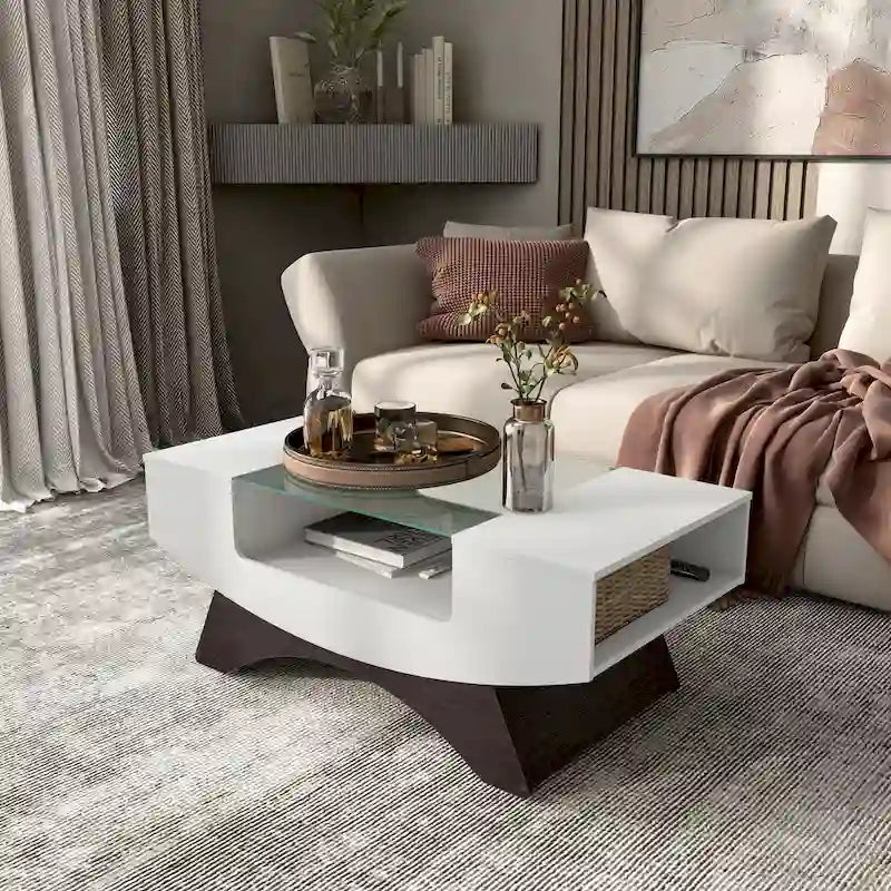 Moderner Couchtisch mit Glasplatte und Stauraum