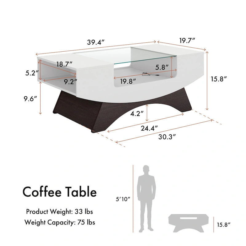 Moderner Couchtisch mit Glasplatte und Stauraum