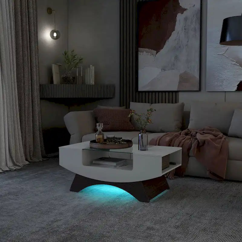 Moderner Couchtisch mit Glasplatte und Stauraum