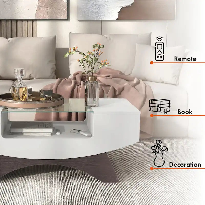 Moderner Couchtisch mit Glasplatte und Stauraum