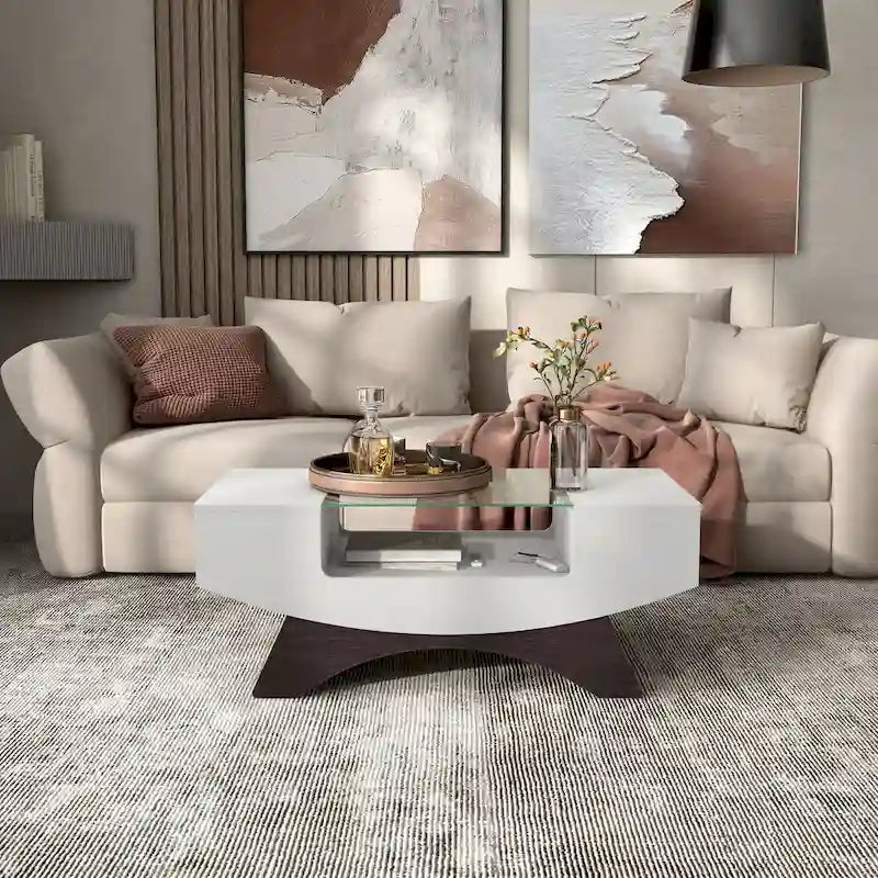 Moderner Couchtisch mit Glasplatte und Stauraum
