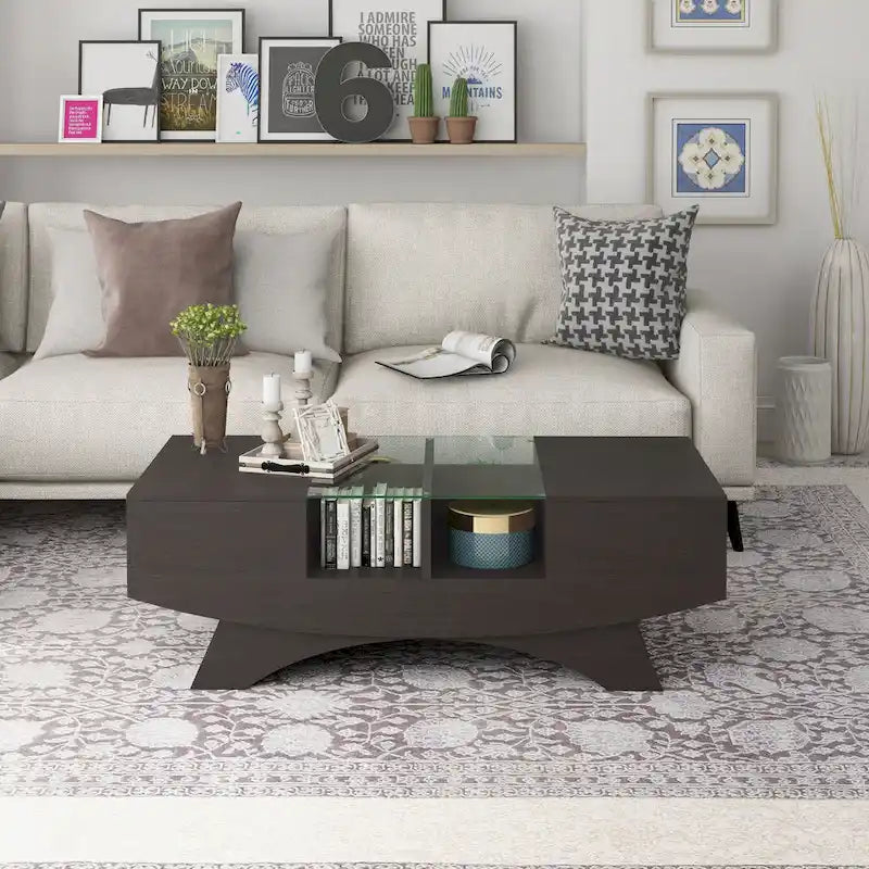 Moderner Couchtisch mit Glasplatte und Stauraum