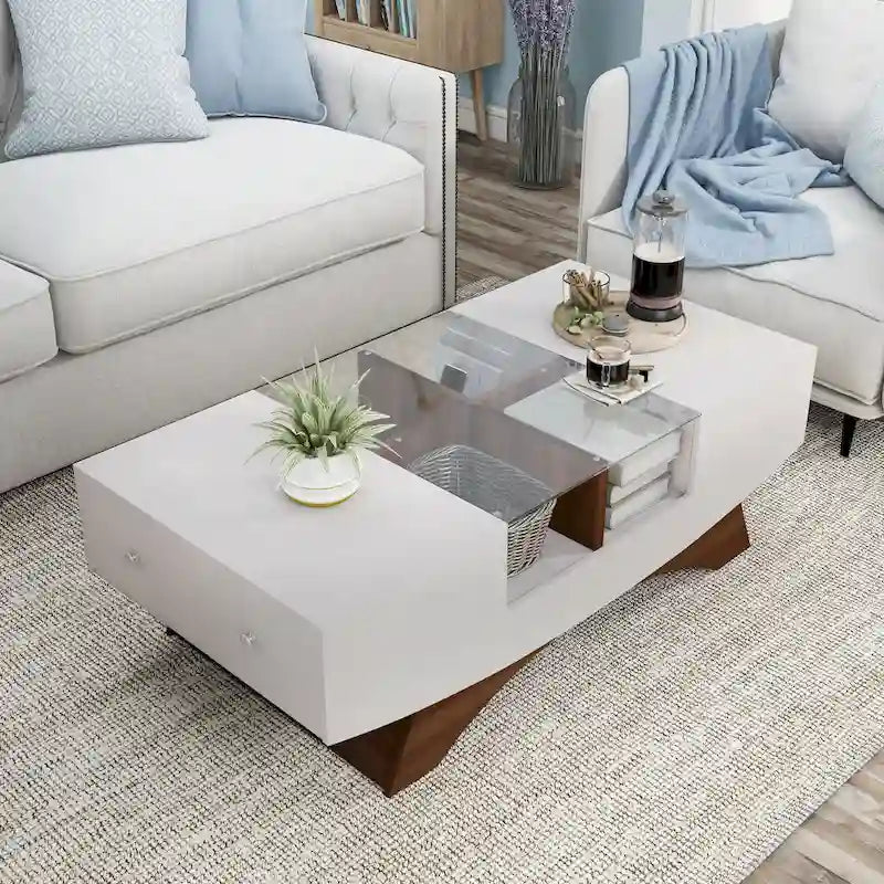 Moderner Couchtisch mit Glasplatte und Stauraum