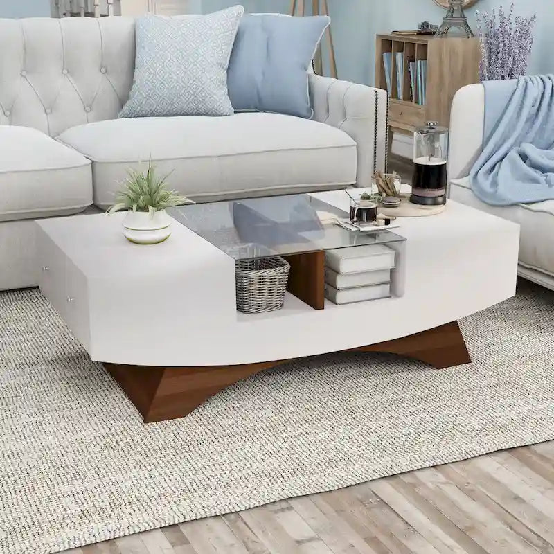 Moderner Couchtisch mit Glasplatte und Stauraum