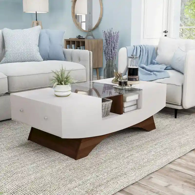Moderner Couchtisch mit Glasplatte und Stauraum