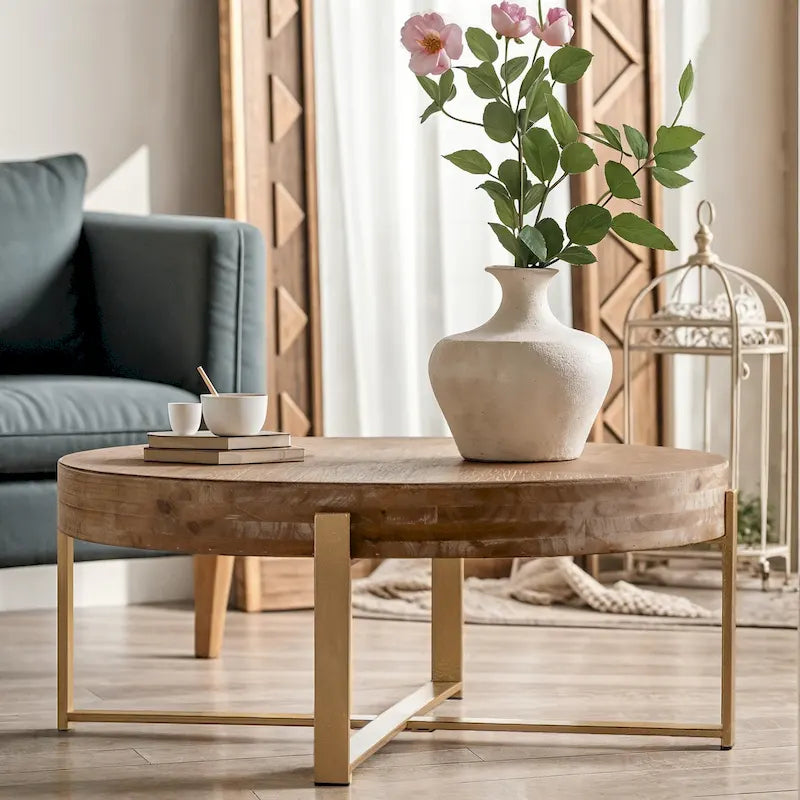 33,86 Moderner Retro-Couchtisch aus Holz mit runder Platte und gekreuztem Untergestell