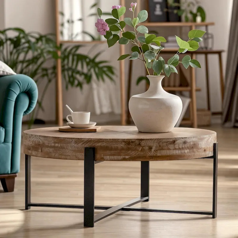 33,86 Moderner Retro-Couchtisch aus Holz mit runder Platte und gekreuztem Untergestell