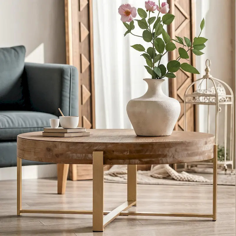 33,86 Moderner Retro-Couchtisch aus Holz mit runder Platte und gekreuztem Untergestell