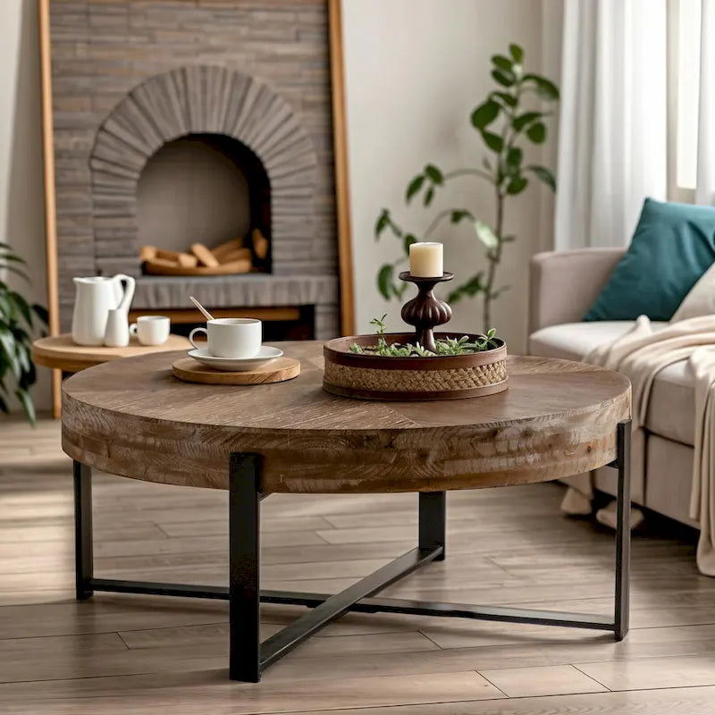 33,86 Moderner Retro-Couchtisch aus Holz mit runder Platte und gekreuztem Untergestell