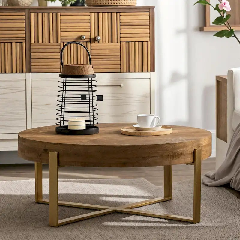 33,86 Moderner Retro-Couchtisch aus Holz mit runder Platte und gekreuztem Untergestell