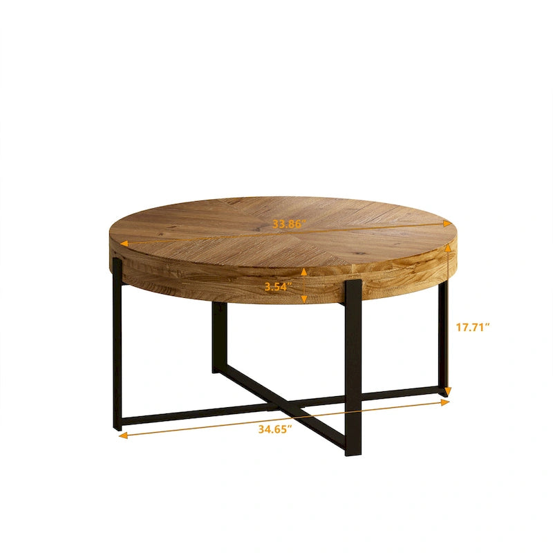 33,86 Moderner Retro-Couchtisch aus Holz mit runder Platte und gekreuztem Untergestell