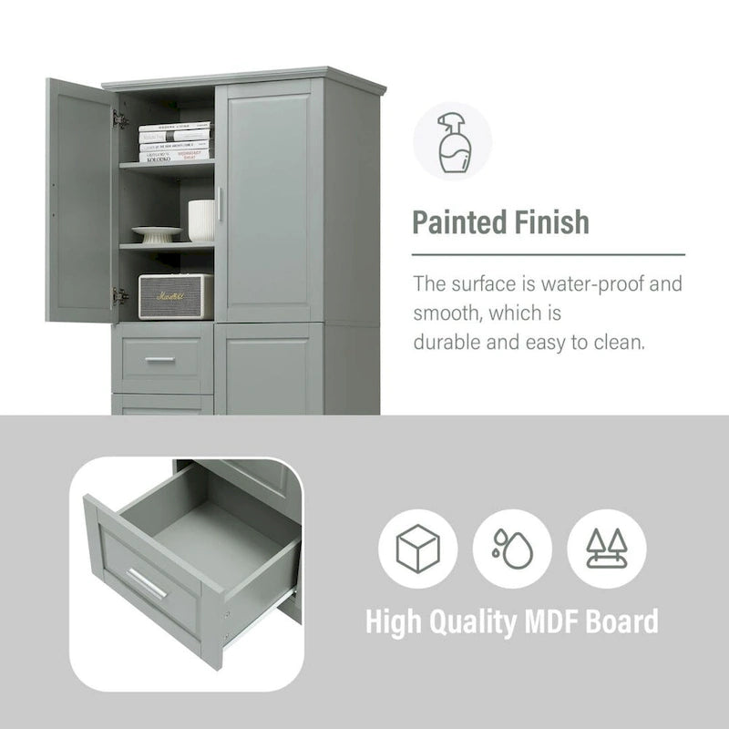 Hoher und breiter Lagerschrank mit Türen für Bad/Büro Drei Schubladen Grau/Weiß/Schwarz