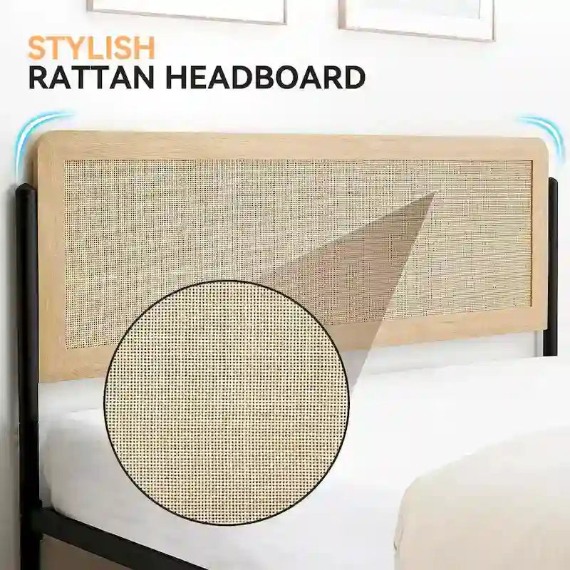 Bettgestell aus Holz und Metall mit Rattan-Kopfteil