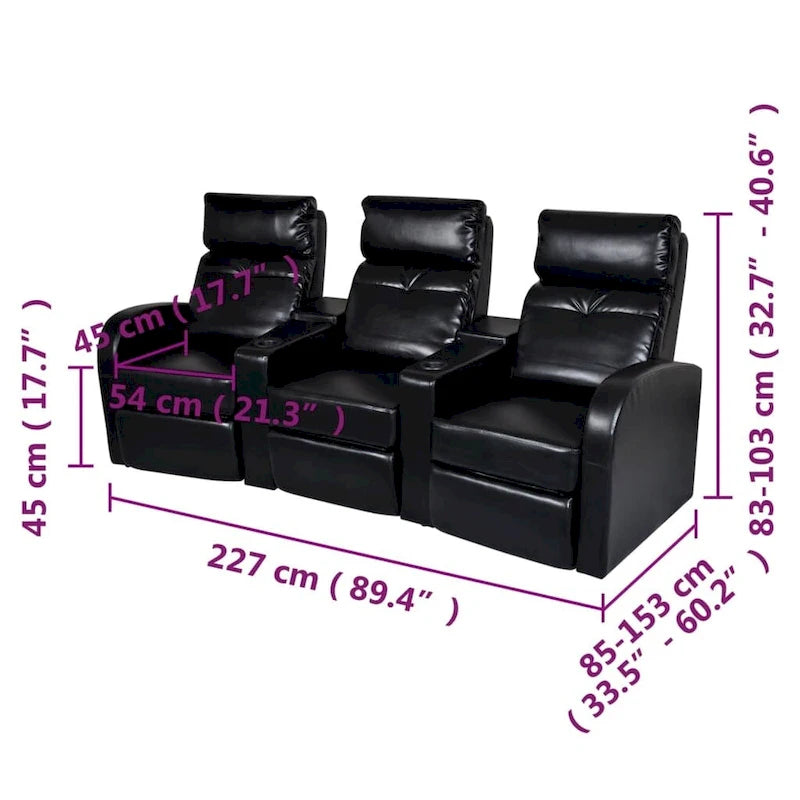 3-Sitzer Heimkino Relaxsofa - Schwarzes Kunstleder