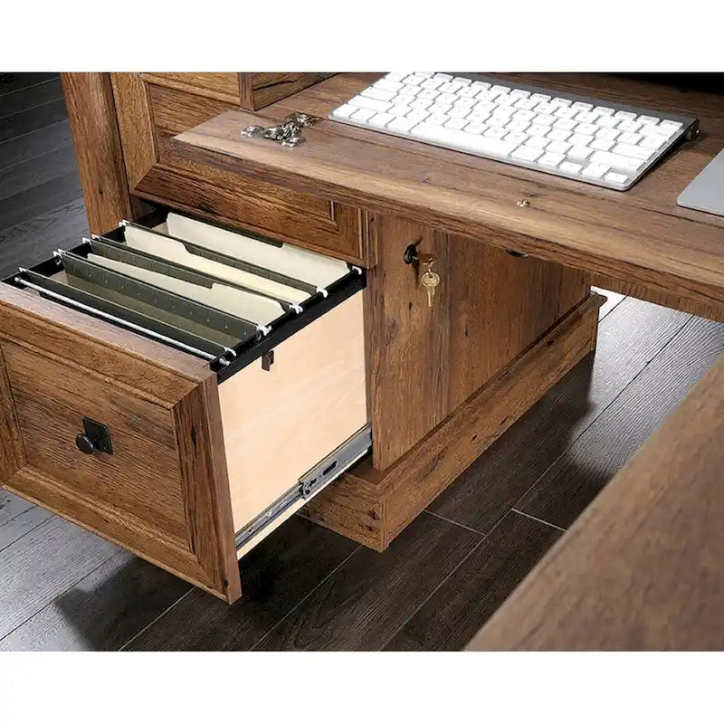 L-förmiger Schreibtisch in Vintage Eiche mit Aktenschublade und CPU-Schrank