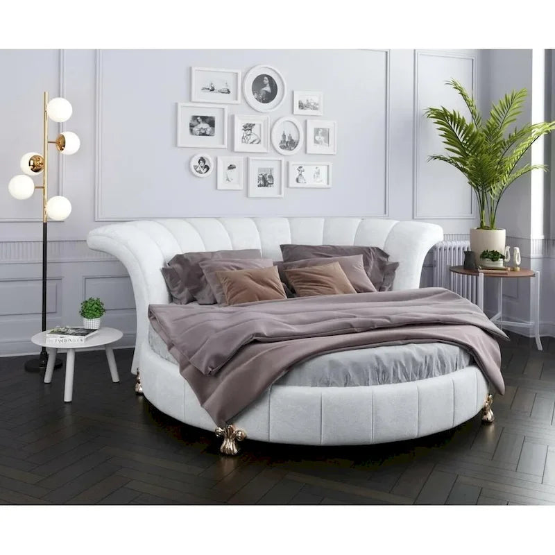 Rundes Kingsize-Bett aus weißem Kunstleder