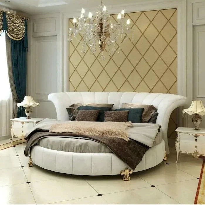 Rundes Kingsize-Bett aus weißem Kunstleder