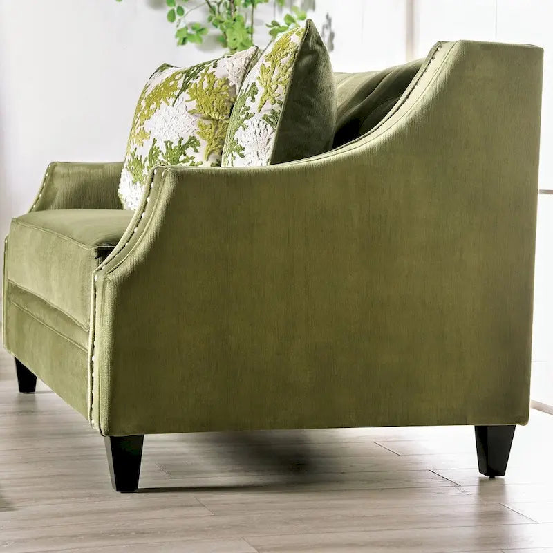Übergangslove seat mit gepolstertem massivem Holz und grünem Bezug