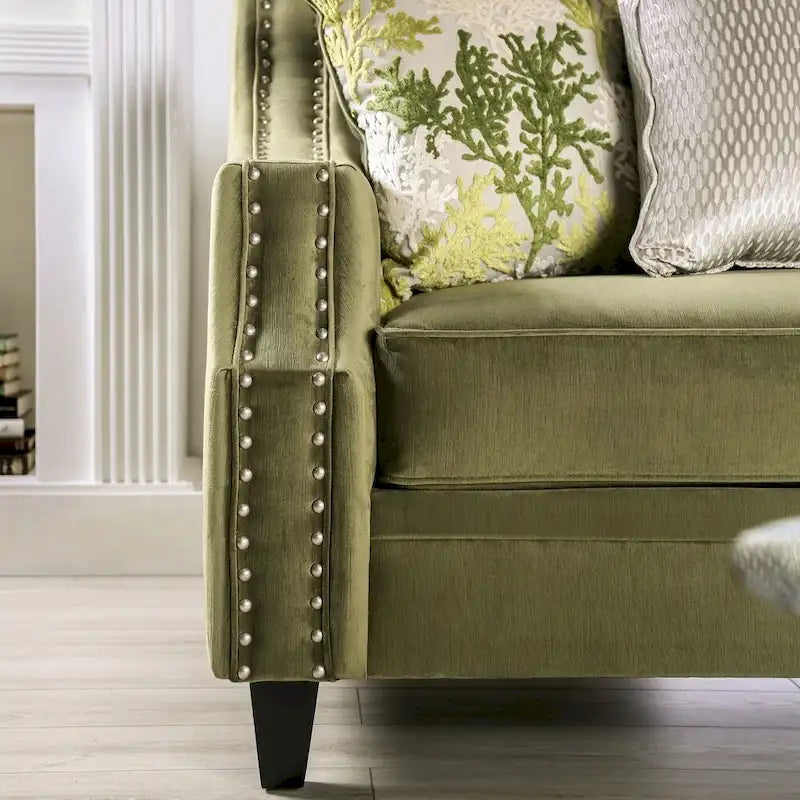 Übergangslove seat mit gepolstertem massivem Holz und grünem Bezug